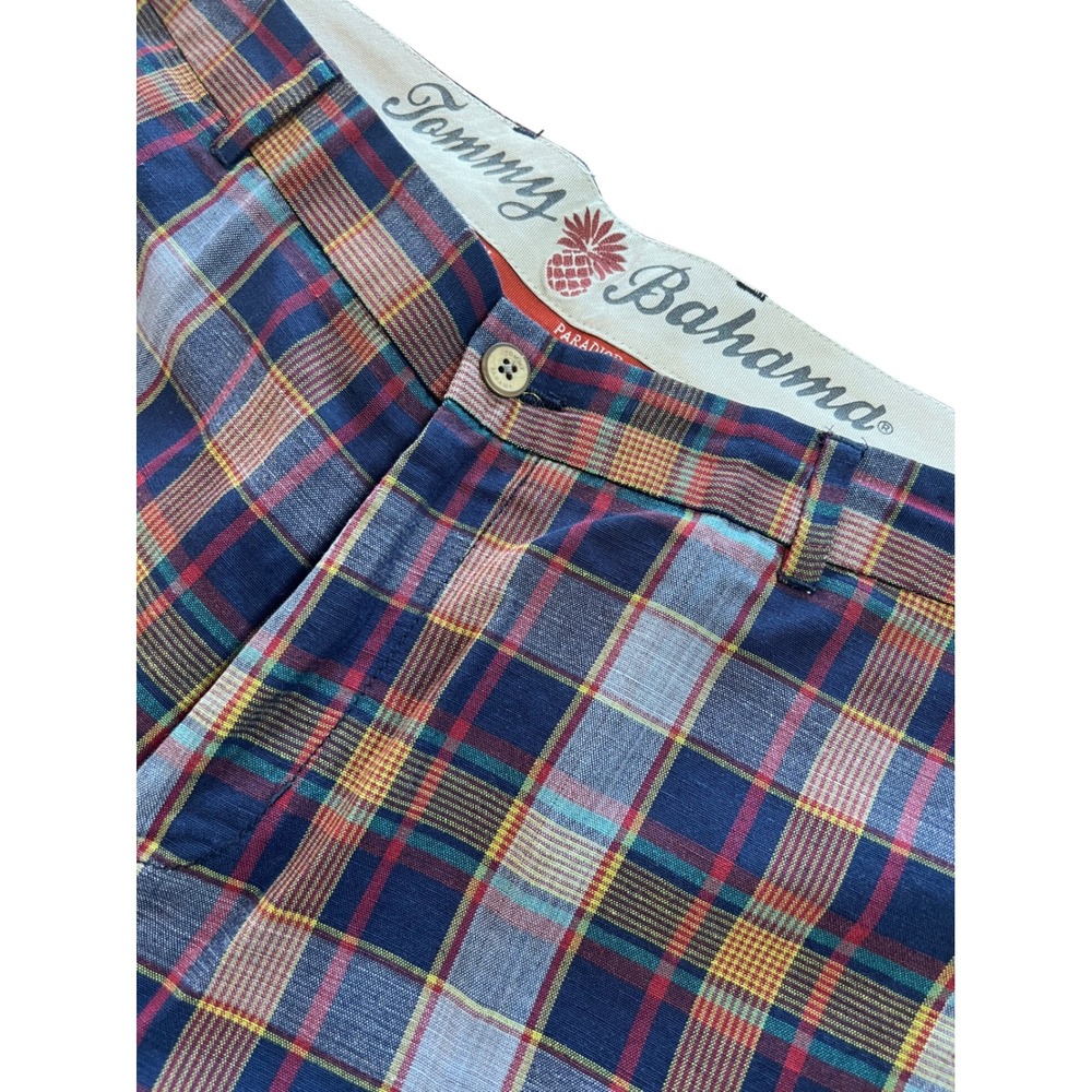 Tommy Bahama Paradise Nation Mens 36 Plaid‎ Linen Tencel Shorts Blue Red Yellow